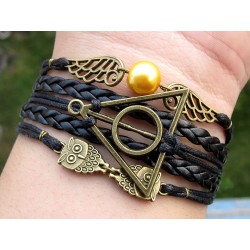 Harry Potter Bracelet  reliques de la mort en cuir noir
