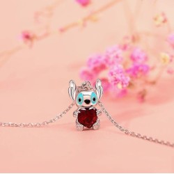 STITCH Collier argenté petit stitch et coeur rouge